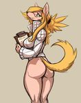  anthro blonde_hair bottomless breasts canine clothed clothing colored dog eyewear female fur glasses guoh hair half-dressed inviting long_hair looking_back mammal merveille_million ponytail simple_background solatorobo solo 