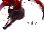  black_footwear boots character_name cross-laced_footwear knee_boots lace-up_boots looking_at_viewer mate@juken pantyhose petals rose_petals ruby_rose rwby scythe short_hair smile solo weapon white_background 