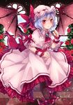  ankle_ribbon bangs bat_wings black_legwear blue_hair blush bow brooch center_frills checkered checkered_floor cravat dress flower frilled_sleeves frills hat hat_ribbon jewelry mob_cap pantyhose puffy_short_sleeves puffy_sleeves purple_hair red_bow red_eyes red_flower red_rose remilia_scarlet ribbon rose rose_bush short_hair short_sleeves slit_pupils smile solo touhou toutenkou window wings wrist_cuffs 