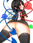  ass asymmetrical_wings black_dress black_hair black_legwear bottomless covering covering_crotch dress highres houjuu_nue looking_at_viewer looking_back red_eyes smile snake solo thighhighs tokoya_(ex-hetare) tongue tongue_out touhou ufo wings 