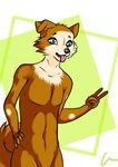  anthro brown_fur canine crescent0100 fangs featureless_crotch floppy_ears fur invalid_tag looking_at_viewer male mammal navel nude open_mouth peace_sign_(disambiguation) simple_background solo standing teeth tongue tongue_out 