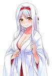  adapted_costume bad_id bad_pixiv_id blush breasts cleavage hairband japanese_clothes kantai_collection large_breasts long_hair long_sleeves looking_at_viewer shoukaku_(kantai_collection) simple_background smile solo white_background white_hair wide_sleeves yellow_eyes yostxxx 
