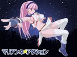  alternate_hairstyle breasts commentary_request fingerless_gloves gloves hatahataro iris_(iris_action) iris_(iris_action)_(cosplay) large_breasts long_hair looking_at_viewer marianne_(unholy_sanctuary) midriff navel open_mouth pink_hair ponytail red_eyes solo thighhighs torn_clothes unholy_sanctuary 