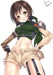  brown_eyes brown_hair cowboy_shot crop_top final_fantasy final_fantasy_vii gauntlets hairband hands_on_hips looking_at_viewer midriff navel open_fly open_mouth short_hair shorts solo thighs unzipped yappen yuffie_kisaragi 