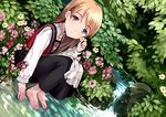  barefoot blonde_hair blue_eyes bush dress dutch_angle flower long_hair long_sleeves looking_at_viewer nature original pond sitting skirt smile soaking_feet solo tan_(tangent) traditional_clothes wading water 