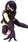  all_fours bangs black_gloves black_hair black_legwear camouflage eyebrows_visible_through_hair gas_mask gloves highres long_sleeves looking_at_viewer matsunaga_kouyou original short_hair simple_background single_glove solo swept_bangs thighhighs white_background 