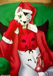  2015 animal_genitalia anthro balls canine christmas condom erection fur holidays male mammal nude penis siriuswolfus smile solo white_fur 