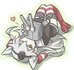 amatsukaze_(kantai_collection) blush brown_eyes cannon garter_straps grey_hair hair_tubes heart high_heels kantai_collection knees_together_feet_apart long_hair lying on_back one_eye_closed rensouhou-kun tewarusa thighhighs turret two_side_up 