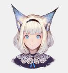  animal_ears black_bow black_shirt blue_eyes blue_ribbon bow cat_ears hairband lace lips looking_at_viewer original ribbon shirt short_hair silver_background simple_background smile solo wadanaka white_hair 