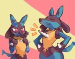 blush breast_envy closed_eyes emphasis_lines gen_4_pokemon hands_on_hips lucario no_humans pokemon pokemon_(creature) puh red_eyes smug spikes 