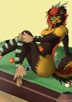  anthro breasts brown_fur canine crescent0100 dragon female fur hair half-closed_eyes horn hybrid invalid_tag looking_at_viewer mammal nude pool_table red_hair simple_background sitting smile solo 