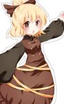  blonde_hair bow brown_eyes chako_(chakoxxx) dress hair_bow hair_ribbon kurodani_yamame open_mouth outstretched_arms ponytail protected_link ribbon short_hair simple_background solo touhou white_background youkai 