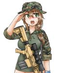  bad_id bad_pixiv_id blush boonie_hat bottomless brown_hair camouflage combat_shirt dutchko green_eyes gun m110_sass marpat military military_uniform no_pants open_mouth original patches rifle saliva salute scrunchie simple_background sniper_rifle solo sweat tears trembling uniform weapon white_background wristband 