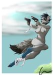  anthro areola bandage black_hair breasts canine cloud crescent0100 fangs female fur grey_fur gun hair half-closed_eyes handgun inner_ear_fluff invalid_tag mammal navel nipples nude open_mouth outside pistol ranged_weapon solo teeth tongue weapon wolf 