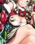  argyle bad_id bad_pixiv_id bell blonde_hair blue_eyes blush bow braid breasts breath christmas cleavage closed_mouth crescent crossed_legs decchi_oyabun detached_sleeves fur_trim gloves hair_over_shoulder head_out_of_frame large_breasts long_hair looking_at_viewer original red_bow red_gloves snowflake_print solo striped wristband 