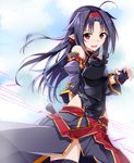  black_hair fingerless_gloves gloves hairband leotard long_hair pointy_ears red_eyes skirt solo sword_art_online thighhighs tsuedzu yuuki_(sao) zettai_ryouiki 