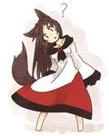  ? animal_ears blush brooch brown_hair dress head_tilt imaizumi_kagerou jewelry kaginoni long_hair long_sleeves looking_at_viewer off-shoulder_shirt off_shoulder open_mouth red_eyes shirt solo tail touhou wide_sleeves wolf_ears wolf_tail 