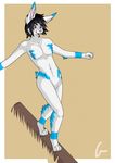  anthro black_hair crescent0100 featureless_crotch fur hair inner_ear_fluff lagomorph male mammal navel nude open_mouth rabbit simple_background smile solo standing teeth tongue white_fur 