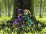  1girl against_tree bianca blonde_hair braid cape child closed_eyes dappled_sunlight dragon_quest dragon_quest_v earrings flower forest grass hat hero_(dq5) jewelry leaf nature seeker sitting sleeping sunlight tree twin_braids 