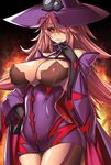  black_gloves black_sclera blazblue blazblue:_central_fiction breasts cape cleavage colored_eyelashes commentary_request dress elbow_gloves gloves hair_over_one_eye hat konoe_a_mercury large_breasts long_hair looking_at_viewer parted_lips pink_hair purple_dress short_dress solo takanashi-a wide_sleeves witch_hat yellow_eyes 