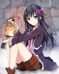  black_eyes black_hair brown_shorts fingerless_gloves gloves hair_ornament holding long_hair looking_at_viewer original shorts solo tsuedzu 