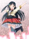  1girl black_hair breasts commentary_request eyes_closed feathers flower gloves hair_feathers hair_flower hair_ornament highres hoshino_ouka jumping long_hair love_live! love_live!_school_idol_festival medium_breasts one_side_up outstretched_arms perfect_dream_project shiny shiny_hair short_sleeves smile white_gloves yuuki_setsuna_(love_live!) 