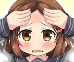  blush brown_eyes brown_hair close-up commentary fang forehead hair_ornament hairclip hands_in_hair highres ikazuchi_(kantai_collection) kantai_collection looking_at_viewer open_mouth oshiruko_(uminekotei) school_uniform serafuku short_hair solo tears wavy_mouth 