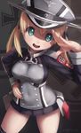  :d anchor_hair_ornament aqua_eyes artist_name black_legwear blonde_hair breasts hair_ornament hand_on_hip hat highres iron_cross kantai_collection large_breasts looking_at_viewer md5_mismatch microskirt military military_hat military_uniform novcel open_mouth peaked_cap prinz_eugen_(kantai_collection) salute skirt smile solo swastika teeth thighhighs twintails uniform 