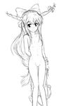  blush breasts chain commentary greyscale horn_ribbon horns ibuki_suika long_hair looking_away monochrome navel nipples nude oni pan-ooh pointy_ears ribbon simple_background sketch small_breasts solo touhou white_background 