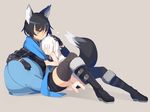  animal_ears baal_(shiomachi) black_gloves black_hair black_legwear blush boots borrowed_character crossover fox_ears fox_tail full_body gloves knee_boots multiple_girls nanashi_(ganesagi) original scarf shiomachi shorts sleeping sleeping_on_person slit_pupils tail thighhighs white_hair yellow_eyes younger 