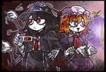  /\/\/\ 2girls 3d_glasses ascot black_border black_hair black_hat blonde_hair border bow capelet dress eyebrows eyebrows_visible_through_hair fedora frown gap gradient gradient_background hand_on_hip hat hat_bow maribel_hearn mechanical_arm mechanical_arms mob_cap multiple_girls necktie purple_eyes red_eyes red_necktie suenari_(peace) surprised sweatdrop touhou triangle_mouth usami_renko 