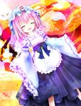  &gt;_&lt; ^_^ alternate_costume cake closed_eyes dessert food furomaaju_(fromage) hat highres hitodama japanese_clothes kimono kimono_skirt konpaku_youmu_(ghost) obi open_mouth pancake pink_hair saigyouji_yuyuko sash short_hair smile touhou triangular_headpiece waitress 