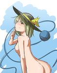  ass blue_background blush breasts eyeball finger_to_mouth from_side green_eyes green_hair hat hat_ribbon highres komeiji_koishi looking_at_viewer m92fs no_nipples nude ribbon short_hair simple_background small_breasts smile smirk solo third_eye touhou 