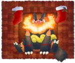  emboar fire fireplace flame fuzziestdrawings gen_5_pokemon looking_at_viewer md5_mismatch no_humans pokemon pokemon_(creature) red_eyes resized sitting smile upscaled 