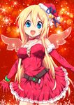  :d amatsuka_poi bare_shoulders belt blonde_hair blue_eyes blue_ribbon blush bracelet breasts chikanoko choker christmas christmas_tree cowboy_shot dress fur_trim gloves hair_between_eyes hair_ornament half_updo hat jewelry long_hair looking_at_viewer medium_breasts open_mouth pendant ragho_no_erika red_background red_dress red_gloves ribbon santa_costume santa_hat smile snowflakes solo sparkle star star_hair_ornament strapless strapless_dress teeth transparent_wings very_long_hair 