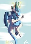  angel_dragon anthro cloud crescent0100 dragon female half-closed_eyes horn invalid_tag looking_at_viewer nude outside peace_sign_(disambiguation) smile solo teeth wings 