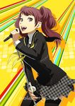  brown_eyes brown_hair daniel_macgregor earrings jewelry kujikawa_rise microphone music persona persona_4 persona_4:_the_ultimate_in_mayonaka_arena school_uniform singing solo thighhighs turtleneck twintails 