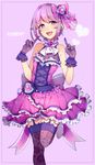  :d absurdres aooni brown_eyes floral_print gloves hair_ornament hairclip highres idolmaster idolmaster_cinderella_girls idolmaster_cinderella_girls_starlight_stage koshimizu_sachiko looking_at_viewer open_mouth print_gloves print_legwear purple_hair short_hair smile solo thighhighs 