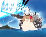  :d animalization bird blue_hair brown_hair hair_ornament headgear houshou_(kantai_collection) kantai_collection karakure_(kamo-nanban) long_hair multiple_girls mutsu_(kantai_collection) mutsu_(snail) open_mouth ponytail short_hair smile snail turret 