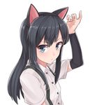  animal_ears arm_warmers asashio_(kantai_collection) black_hair blue_eyes blush cat_ears close-up commentary_request face fake_animal_ears kantai_collection konnyaku_(kk-monmon) long_hair looking_at_viewer school_uniform shirt simple_background solo suspenders upper_body white_background 