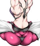  arms_up ass back baggy_pants black_panties breasts dudou from_behind halter_top halterneck han_juri head_out_of_frame large_breasts muscle muscular_female ohako panties panties_over_pantyhose pants pantyhose pink_legwear sideboob simple_background solo street_fighter street_fighter_iv_(series) thighs thong underwear white_background 