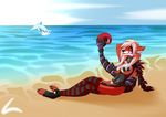  anthro beach breasts canine cetacean clothed clothing corset crescent0100 dolphin eyes_closed female fishnet garter hybrid inner_ear_fluff mammal marine navel nipples outside seaside sitting smile solo teeth 