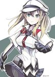  amripo blonde_hair blue_eyes breasts capelet commentary_request cross gloves graf_zeppelin_(kantai_collection) hair_between_eyes hat kantai_collection large_breasts long_hair looking_at_viewer necktie pantyhose peaked_cap skirt solo twintails uniform white_capelet 