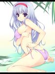  bikini blush breast_hold breasts from_side hairband idolmaster idolmaster_(classic) kusano_(torisukerabasu) large_breasts long_hair looking_at_viewer looking_to_the_side partially_submerged purple_eyes shijou_takane side-tie_bikini silver_hair smile solo swimsuit untying very_long_hair water 