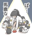  black_hair chopsticks failure_penguin fan grill high_ponytail isokaze_(kantai_collection) kantai_collection kappougi long_hair long_ponytail looking_down miss_cloud no_mouth o_o orz paper_fan ponytail scrunchie shaded_face shichirin sitting spotlight sweat tewarusa translated uchiwa wariza 