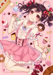  :q black_hair bobby_socks bow candy center_frills cupcake doughnut food food_on_face hair_bow ice_cream lollipop looking_at_viewer love_live! love_live!_school_idol_project macaron pudding red_eyes sakura_hiyori short_hair smile socks solo suspenders tongue tongue_out twintails yazawa_nico 