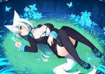  animal_ears aqua_hair blue_eyes blue_hair blue_nails braid breasts bug butterfly butterfly_on_hand choker cleavage closed_mouth dress facial_mark flower fox_ears fox_tail frilled_sleeves frills full_body glowing_butterfly grass horns insect large_breasts light_smile long_hair long_sleeves lying multicolored_hair muryotaro nail_polish on_back on_ground original ripples slit_pupils solo suirin_(muryou) tail thighhighs two-tone_hair very_long_hair water white_hair yellow_eyes 
