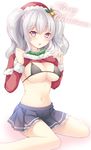  alternate_costume bell black_bra blush bow bowtie bra breasts christmas cleavage covered_nipples cross fur_trim green_bow green_neckwear hair_bell hair_ornament hat holly izumi_akane kantai_collection kashima_(kantai_collection) large_breasts lifted_by_self long_hair long_sleeves looking_at_viewer merry_christmas micro_bra miniskirt pleated_skirt purple_eyes santa_costume santa_hat shirt_lift silver_hair sitting skirt solo two_side_up underwear wariza wavy_hair white_background 