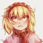 :&lt; alice_margatroid blonde_hair blue_eyes blush capelet closed_mouth collar commentary face fly-gray frilled_shirt_collar frills grey_background hairband highres looking_up necktie portrait red_neckwear short_hair simple_background solo touhou triangle_mouth v-shaped_eyebrows 