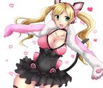  animal_ears anko-chan_(kurokogenoan) blonde_hair breasts cat_ear_headphones cat_ears cat_tail choker cleavage commentary_request gloves green_eyes headphones heart highres large_breasts long_hair lucky_chloe open_mouth outstretched_arms paw_gloves paws smile solo tail tekken tekken_7 twintails underbust 